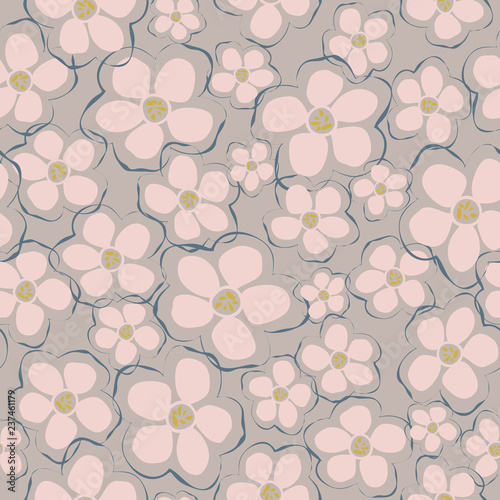 Pretty pink flower blossoms on warm gray background create a subtle floral texture. This feminine seamless vector pattern is great for textile, fashion, sleepwear, stationery, invitations and decor.