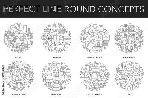 Round outline concept of sewing  camping  travel cruise  car service  summer time  wedding  entertainment  pet. Thin line stroke vector icons set for cover  emblem  badge  flyers and posters.