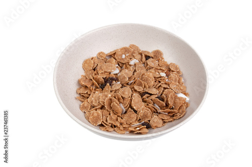 organic cereal in beige bowl isolated on the white