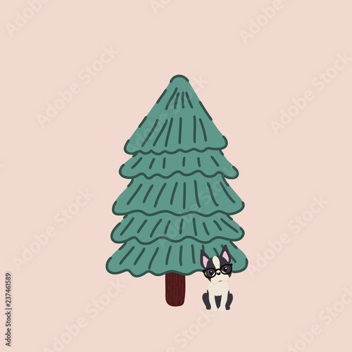 Vector of a decorated Christmas tree and with a Boston Terrier breed dog next to it.