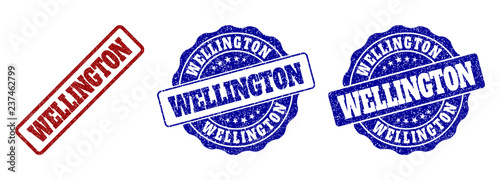 WELLINGTON grunge stamp seals in red and blue colors. Vector WELLINGTON watermarks with grunge surface. Graphic elements are rounded rectangles, rosettes, circles and text titles.