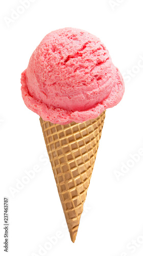 strawberry ice cream scoop on cone isolated on white background