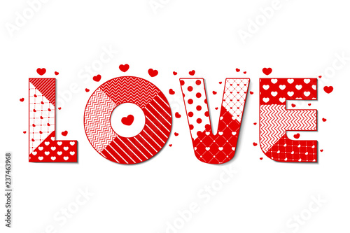 White background with hearts, love, and place for your text. Vector Illustration. Love sign made with wrapping paper with lovely hearts texture. Abstract Vector illustration for Valentine's day.