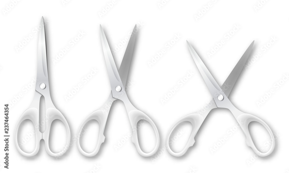 Vector 3d Realistic Metal Closed and Opened Stationery Scissors with Plastic Handles Icon Set Closeup Isolated on White Background. Design Template of Classic Scissors for Graphics, Mockup. Top View Vector 3d Realistic Metal Closed and Opened Stationery Scissors with Plastic Handles Icon Set Closeup Isolated on White Background. Design Template of Classic Scissors for Graphics, Mockup. Top View