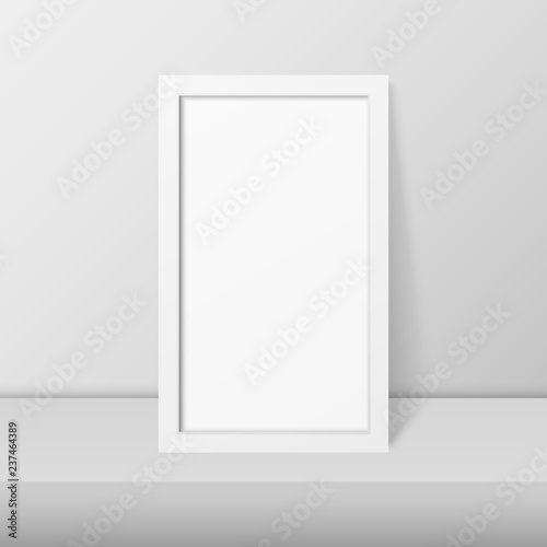 Wallpaper Mural Vector 3d Realistic Modern Interior White Blank Vertical Wooden Poster Picture Frame on Table, Shelf Closeup on White Wall, Mock-up. Empty Poster Frame Design Template for Mockup, Presentation Torontodigital.ca