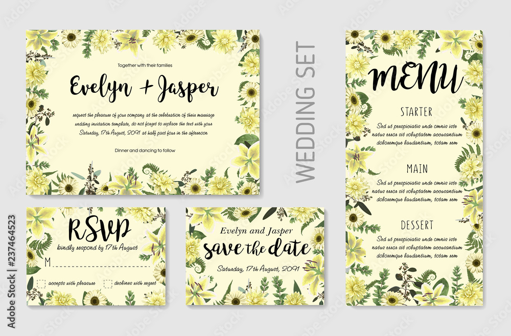 Wedding invite, invitation menu rsvp thank you card vector floral greenery design. Forest leaf, fern, branches, buxus, eucalyptus. Flowers of white lily, gerbera, dahliaer