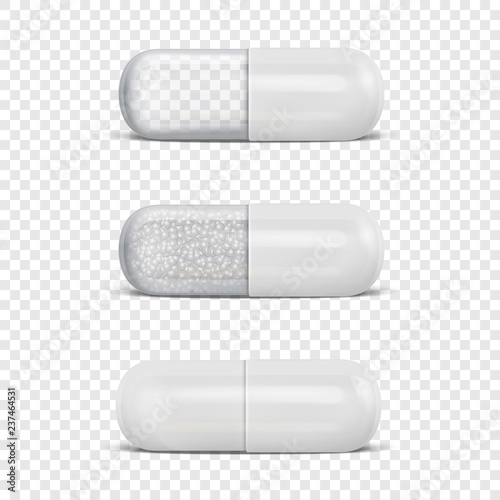 Vector 3d Realistic White Medical Pill Icon Set Closeup Isolated on Transparency Grid Background. Design Template of Pills, Capsules for Graphics, Mockup. Medical and Healthcare Concept. Front View