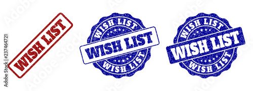 WISH LIST scratched stamp seals in red and blue colors. Vector WISH LIST labels with distress effect. Graphic elements are rounded rectangles, rosettes, circles and text labels.