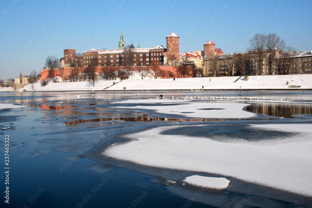 Wawel and Vistula river at winter, Krakow, Poland