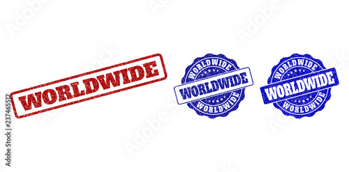 WORLDWIDE grunge stamp seals in red and blue colors. Vector WORLDWIDE signs with dirty effect. Graphic elements are rounded rectangles, rosettes, circles and text labels.