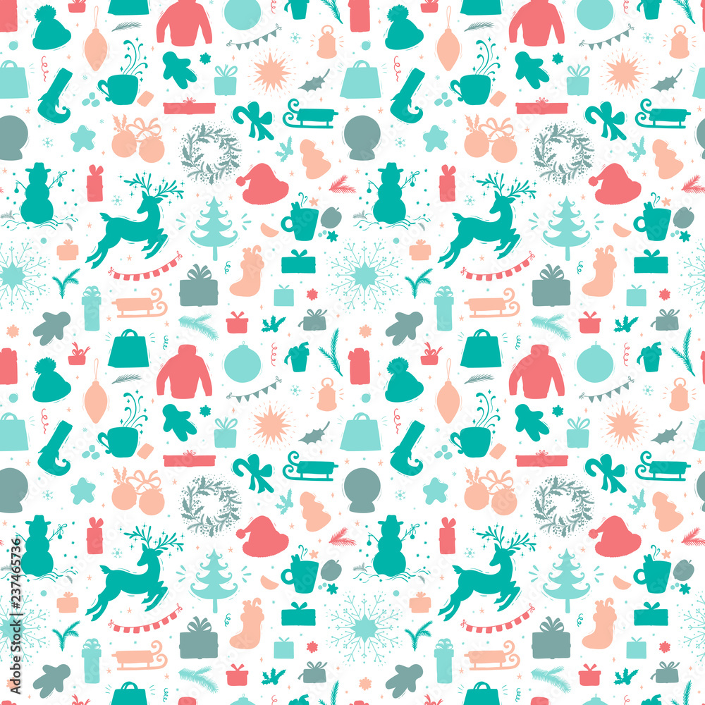 Merry Christmas Background. Holiday Vector Seamless Pattern. Christmas characters and decorations Silhouettes. Xmas ornament. Winter Holidays. New year Wallpaper