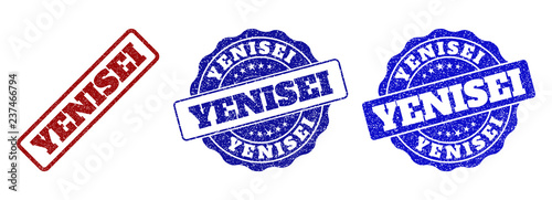 YENISEI grunge stamp seals in red and blue colors. Vector YENISEI watermarks with grunge style. Graphic elements are rounded rectangles, rosettes, circles and text captions. photo