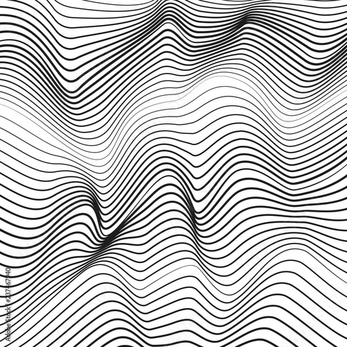 Optical illusion, deformed surface. Abstract black and white background. Vector squiggle, broken lines. Chaotic strips, waving pattern, simple waveforms. Technology line art design. EPS10 illustration