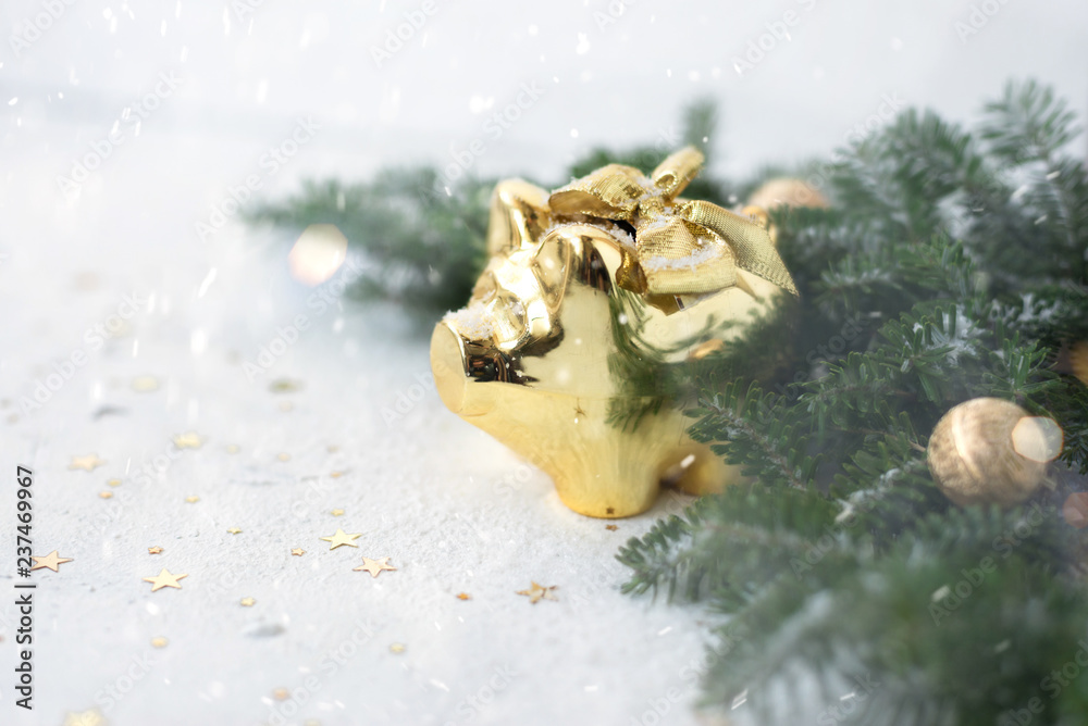 Chinese New Year of the pig 2019,chinese calendar 2019.Christmas, new year's concept. Golden pig stands on light grey background with christmas tree branches, copy space.