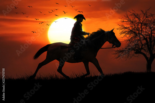 Cowboy and his trusted horse riding off into the sunset. 3d rendering