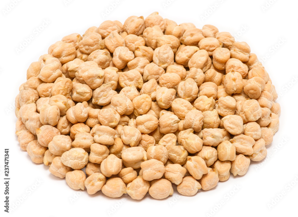 Handful of chickpea seeds (Cicer arietinum) without shell, close up, isolated on white background Handful of chickpea seeds (Cicer arietinum) without shell, close up, isolated on white background