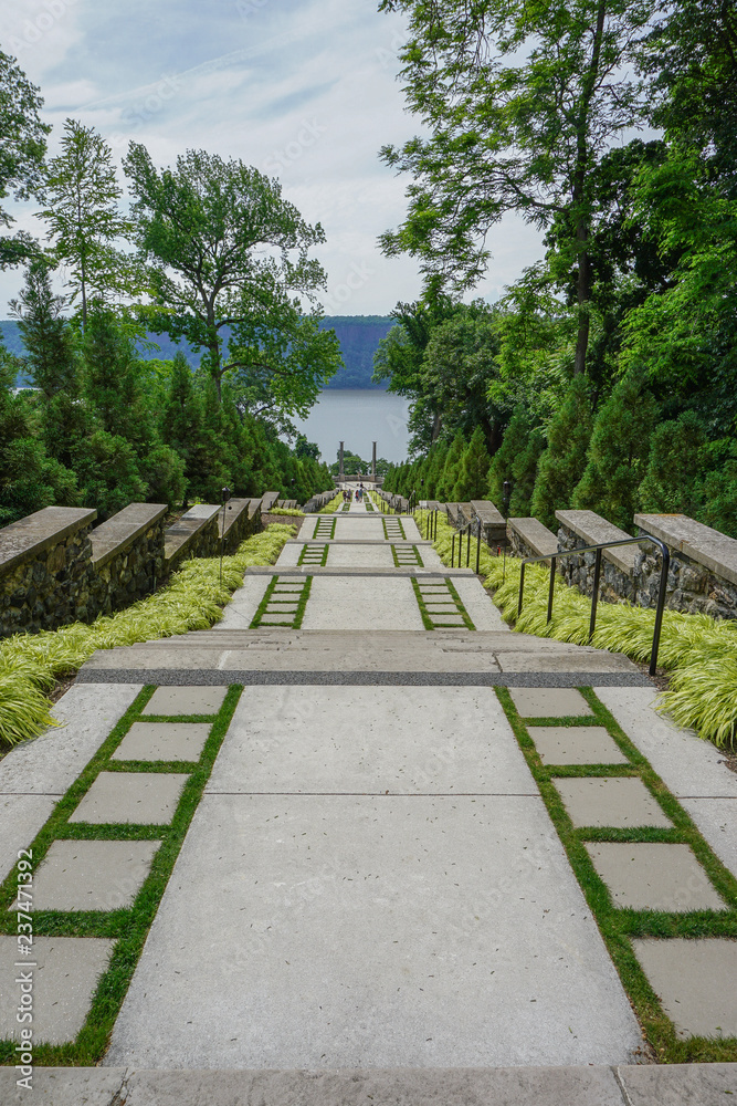 Yonkers, New York, USA: The Vista, a staircase leading from the Walled Garden to a view of the Hudson River, at Untermyer Park and Gardens.