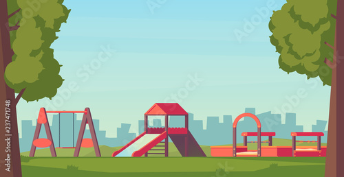 Kids playground or park. Children play complex with slide, swing and sandbox. Vector flat style illustration.