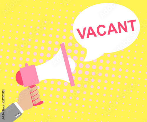 Poster with announcement about the vacancy, where a hand with a loudspeaker and a cloud with a message in the style of pop art is depicted
