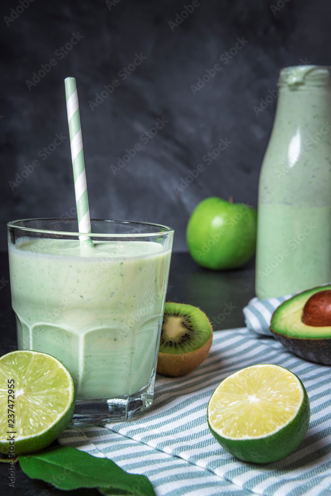 Detox smoothie from green fruits. Lime and kiwi healthy shake. Detox smoothie from green fruits. Lime and kiwi healthy shake.