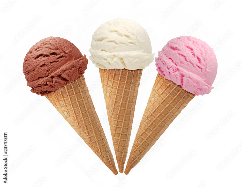 Strawberry, vanilla and chocolate Ice cream scoops in cone isolated on white background Strawberry, vanilla and chocolate Ice cream scoops in cone isolated on white background