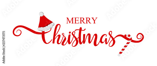 Merry Christmas greeting card template. Christmas handwritten lettering isolated on white background. Calligraphy font style banner. Xmas text decorated with a Santa Claus hat and candy. Vector. 