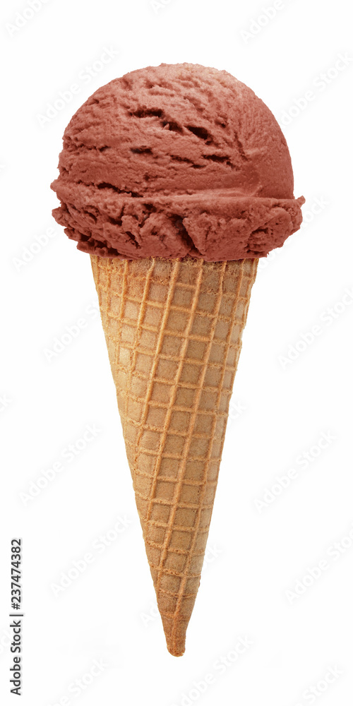 Chocolate ice cream scoop isolated on white background with cone 