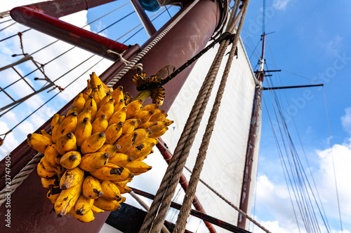 bananas at pole on sailing yacht with blue sky