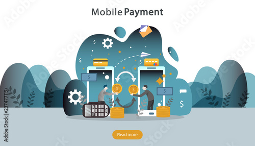 mobile payment or money transfer concept. E-commerce market shopping online illustration with tiny people character. template for web landing page, banner, presentation, social media, print media