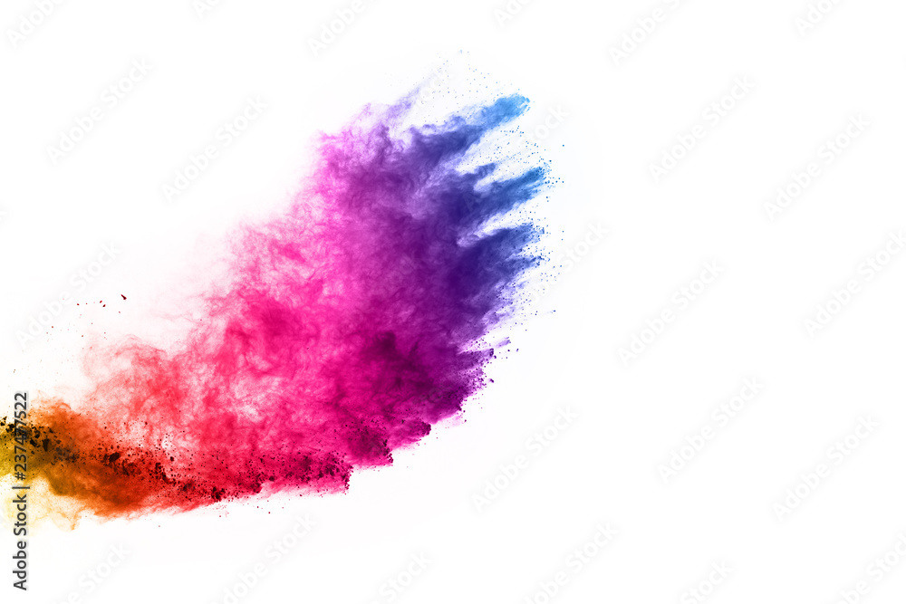 abstract powder splatted background. Colorful powder explosion on white background. Colored cloud. Colorful dust explode. Paint Holi.