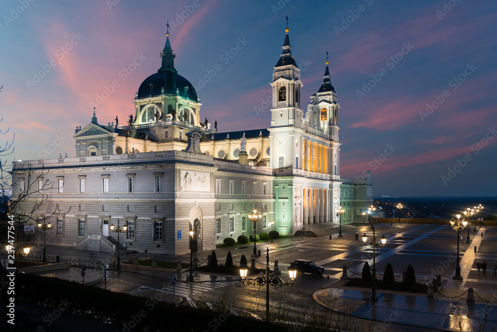 Madrid. Image of Madrid skyline with Santa Maria la Real de La Almudena Cathedral and the Royal Palace during sunset..