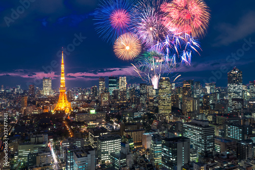Wallpaper Mural Tokyo at night, Fireworks new year celebrating over tokyo cityscape at night in