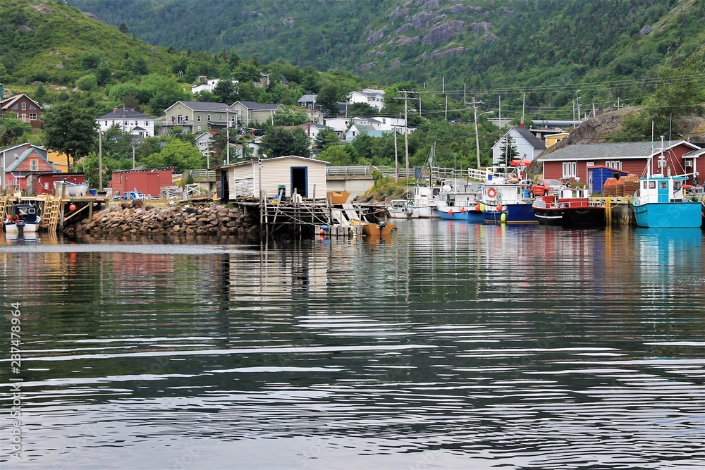 View of the fishing village of Petty Harbour, Newfoundland and Labrador, looking in from the sea at the fishing stages and sheds, boats tied up at the dock, and the community.