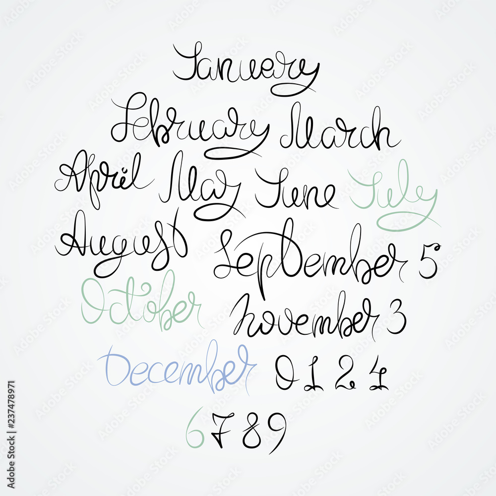 Calendar collection of months and numbers for all year, week, seasons. Ink modern brush calligraphy