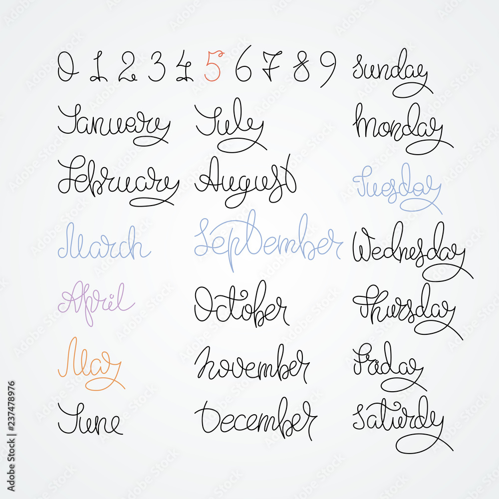 Calendar collection of months and numbers for all year, week, seasons. Ink modern brush calligraphy