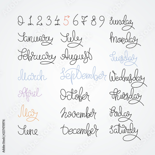Calendar collection of months and numbers for all year, week, seasons. Ink modern brush calligraphy