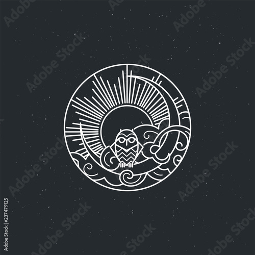 Vintage illustration of thin line owl icon with owl