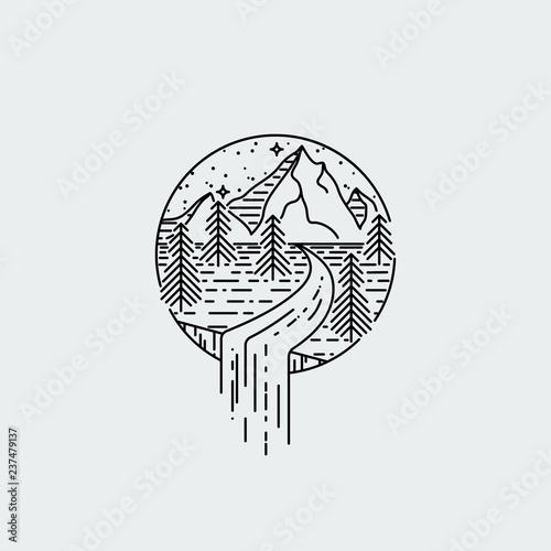 Night mountains with waterfall. Nature exploration vector vintage poster. Modern flat linear vector illustration