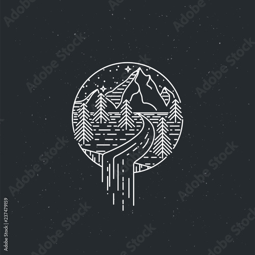Night mountains with waterfall. Nature exploration vector vintage poster. Modern flat linear vector illustration