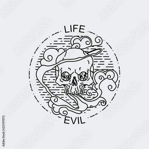 Vector illustration of black and white tattoo graphic human skull