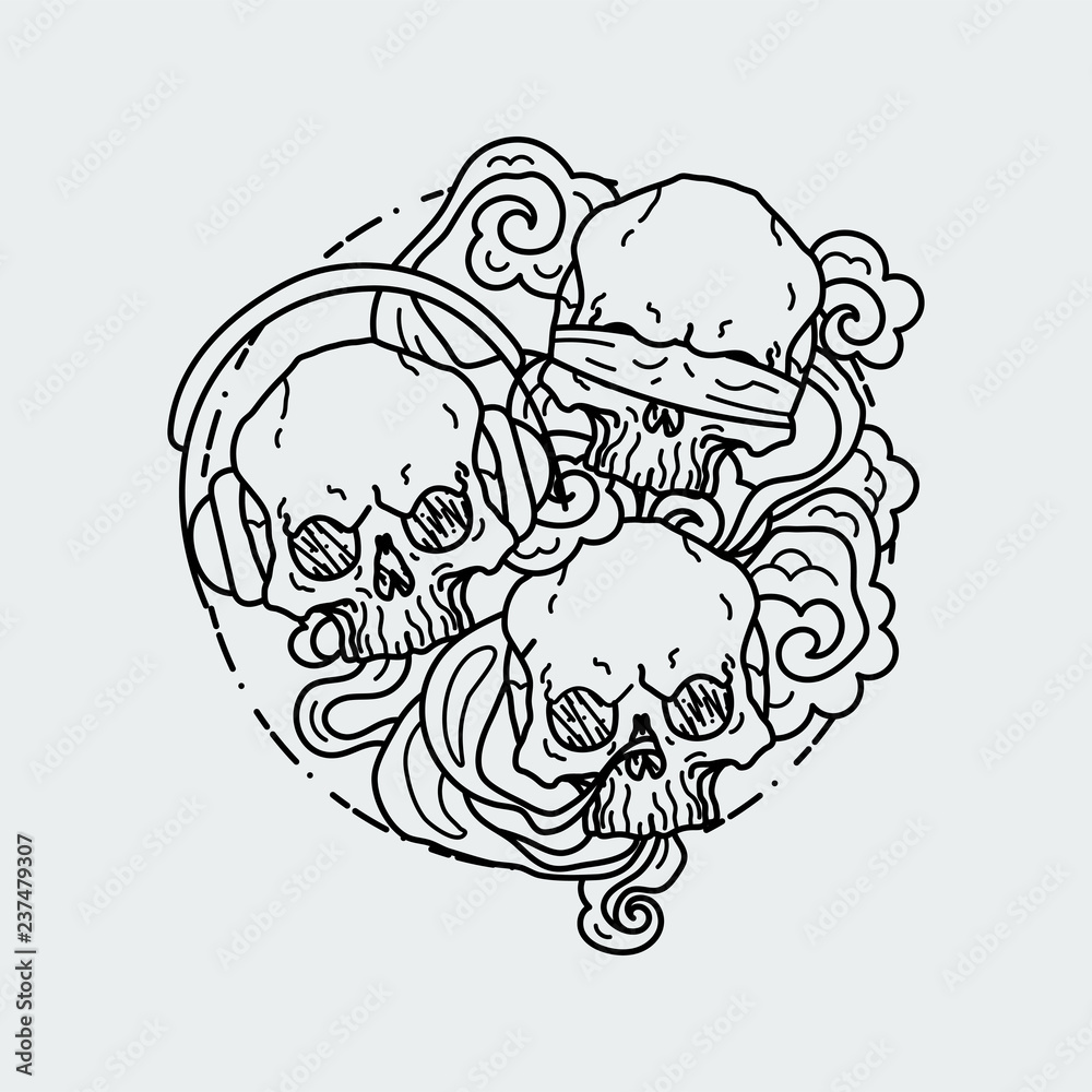 Composition of three skulls. Vector illustration of black and white tattoo graphic human skull Composition of three skulls. Vector illustration of black and white tattoo graphic human skull
