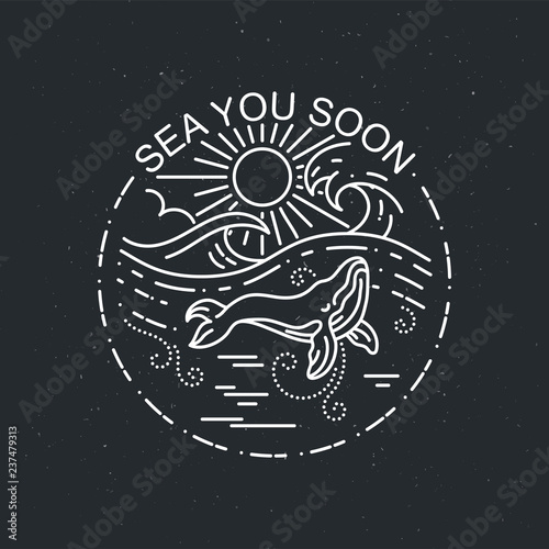Huge Whale with sun ocean. Nature exploration poster or label. Modern flat linear vector illustration