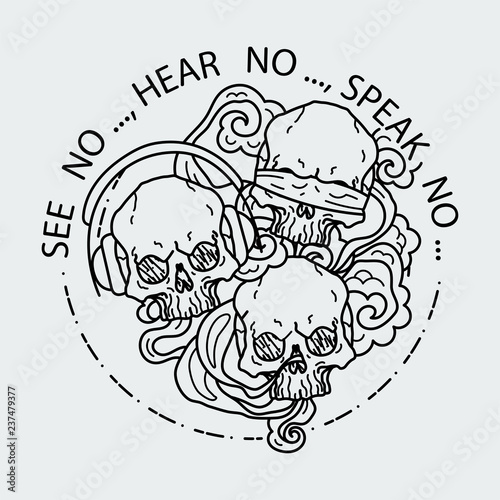Composition of three skulls. Vector illustration of black and white tattoo graphic human skull