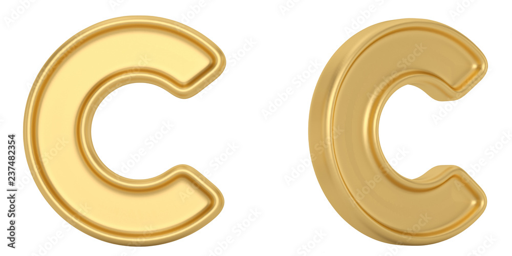 Letter c from gold solid alphabet isolated on white background. 3D illustration. Letter c from gold solid alphabet isolated on white background. 3D illustration.