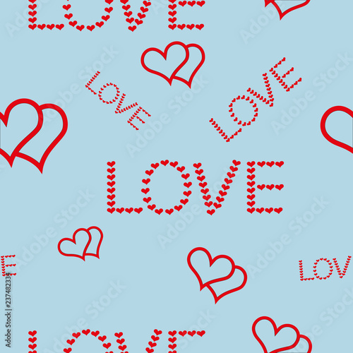 Two hearts and inscriptions of different sizes Love on a blue background.