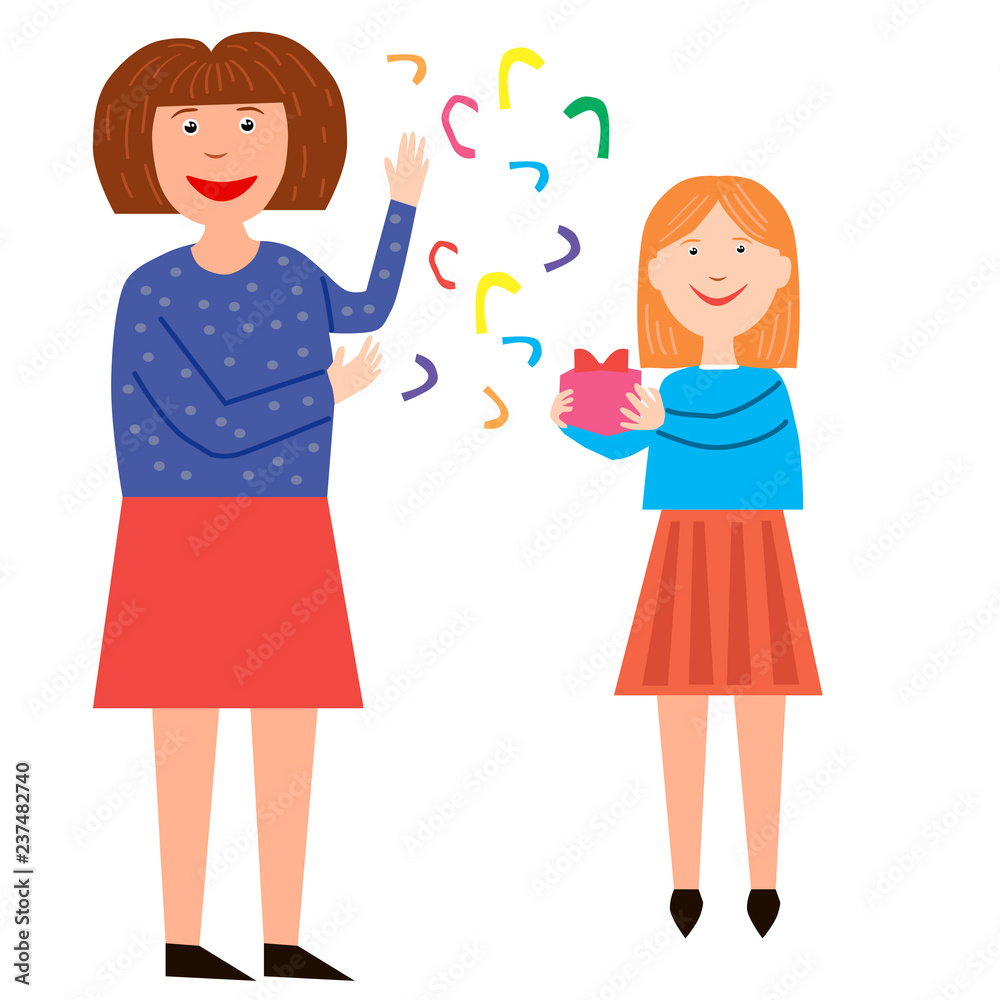 Mom gives her daughter a gift. Holiday gift, clapperboard background. Vector illustration. Mom gives her daughter a gift. Holiday gift, clapperboard background. Vector illustration.