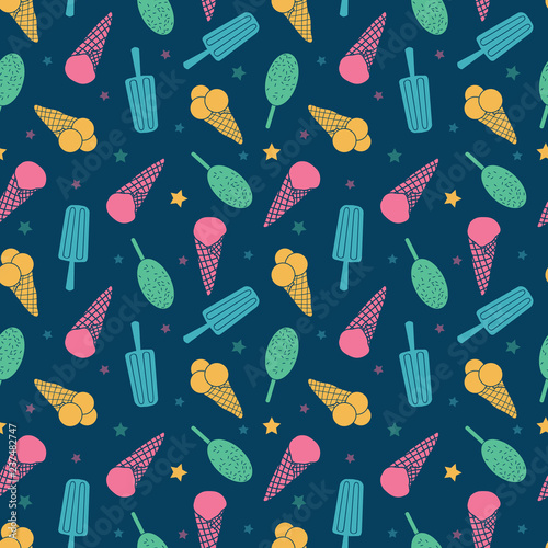 Dark blue ice cream and candy seamless pattern. Great for yummy summer dessert wallpaper, backgrounds, packaging, fabric, scrapbooking, and giftwrap projects. Surface pattern design.