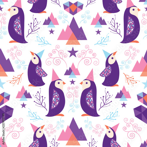 Colorful penguins in Santa hats seamless pattern. Great for winter holidays w...