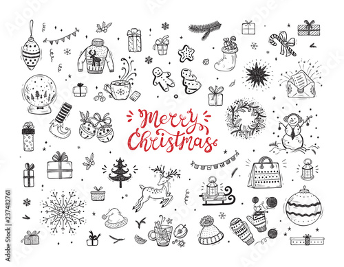 Merry Christmas. Holiday Vector Big Set of Hand Drawn Doodle Christmas characters and decorations with hand lettering calligraphic. Xmas greeting Card Template. Happy Winter Holidays poster. New year