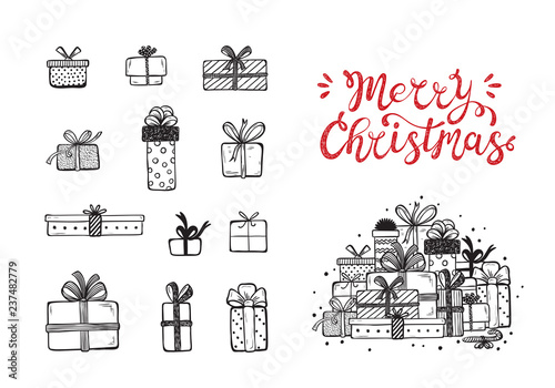 Merry Christmas. Holiday Vector Set of Hand Drawn Doodle Christmas and New Year Gift boxes with hand lettering calligraphic. Xmas greeting Card Template. Happy Winter Holidays poster